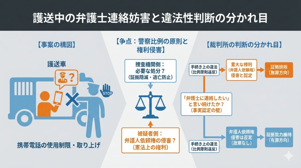 護送中の警察官による弁護士連絡妨害事案の構図と、それが重大な権利侵害となるか手続き上の違法にとどまるかによって結論が分かれる裁判所の判断枠組みを示した概念図。