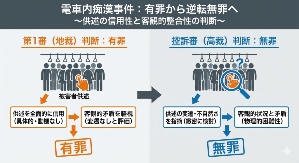 電車内痴漢事件における地裁（有罪）と高裁（逆転無罪）の事実認定プロセスの比較図式。地裁が被害者供述を全面的に信用し客観的矛盾を軽視したのに対し、高裁は供述の変遷や客観的状況との矛盾（物理的困難性）を緻密に検討し、結論が逆転した流れを視覚的に解説している。