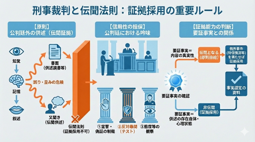 刑事裁判における伝聞法則の仕組みを図解したイラスト。公判廷外の供述が誤りの危険性から原則証拠とならない点、公判廷での宣誓・反対尋問・態度観察による信用性担保、要証事実による伝聞・非伝聞の区別をフローチャートで説明している。