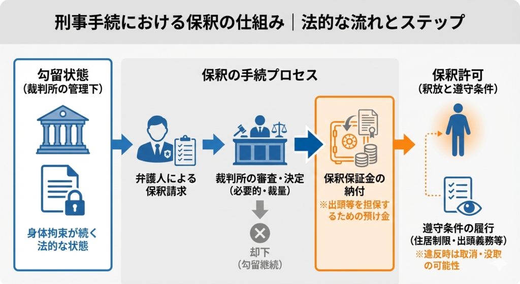刑事手続における保釈の仕組みと法的な流れを示す概念図。勾留状態（裁判所の管理下）から、弁護人による保釈請求、裁判所の審査・決定、保釈保証金の納付を経て、遵守条件付きで保釈が許可されるまでの法的なプロセスをイラストで解説。