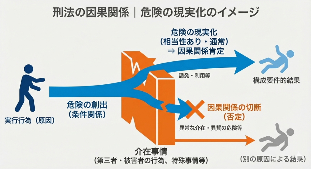 刑法における因果関係の概念図。実行行為による「危険の創出」から、介在事情を経て「危険の現実化(因果関係肯定)」に至る流れと、「因果関係の切断(否定)」に至る分岐を、青とオレンジの矢印で示したインフォグラフィック。