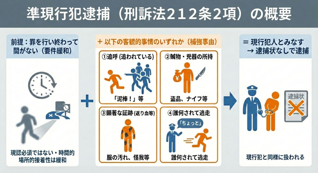 準現行犯逮捕(刑訴法212条2項)の概要図。犯行終了から間がないことを前提に、1.追呼、2.贓物・凶器所持、3.顕著な証跡、4.誰何されて逃走、のいずれかの要件を満たすと現行犯とみなされ、令状なしで逮捕される仕組みを解説。