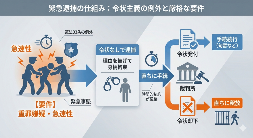 緊急逮捕の仕組み図解:重罪嫌疑と急速性を要件とする令状主義の例外。令状なしで逮捕後、直ちに裁判官へ逮捕状を請求し、発付されなければ直ちに釈放される手続フローを示すイラスト。