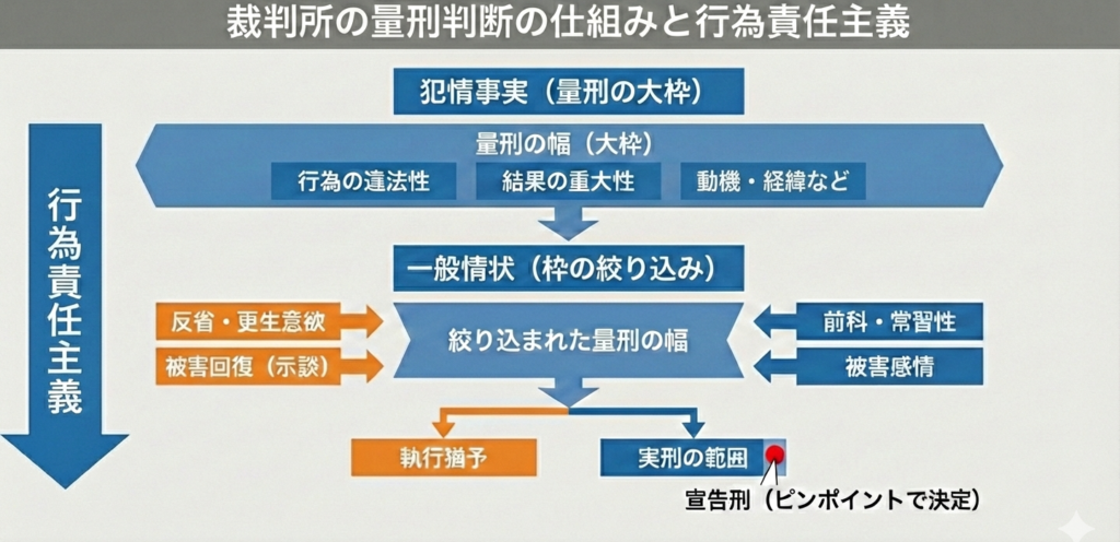 裁判所の量刑判断の仕組みと行為責任主義の概念図。左側に「行為責任主義」の下向き矢印。プロセスは上から「犯情事実（行為の違法性、結果の重大性、動機・経緯など）」で量刑の大枠を決定し、次に「一般情状（反省、被害回復、前科、被害感情）」でその幅を絞り込む様子を示す。最終的に「執行猶予」または「実刑の範囲」へ分岐し、実刑内で「宣告刑」がピンポイントで決定される流れを解説。