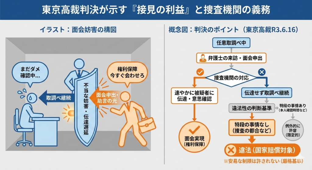東京高裁判決（令和3年6月16日）に基づく、任意取調べ中の弁護士面会妨害の構図と違法性判断基準を示す概念図。青色は捜査機関による妨害、オレンジ色は弁護士による権利保障を表し、「特段の事情」がない限り面会制限は違法（国家賠償対象）となる流れを図解している。