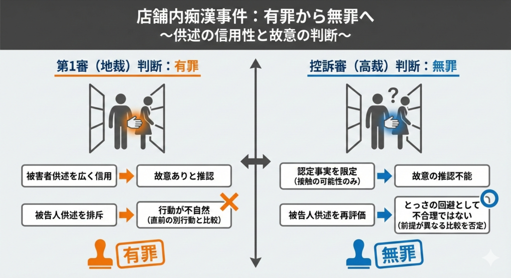 店舗内痴漢事案における地裁（有罪）と高裁（無罪）の判断プロセスの比較図。供述の信用性、故意の推認、被告人の回避行動の評価の違いを視覚的に解説しています。