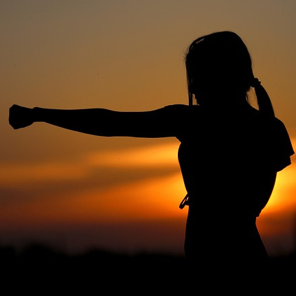 横向きの女性が正拳突きをするシルエット。正当防衛の概念を象徴する画像。