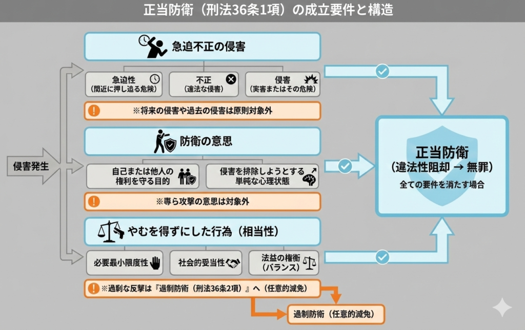 刑法36条に基づく正当防衛の成立要件（急迫不正の侵害、防衛の意思、やむを得ずにした行為）と、それらが満たされた場合の違法性阻却（無罪）までの流れを示す概念図。過剰防衛や要件を満たさないケースへの分岐も視覚的に解説している。