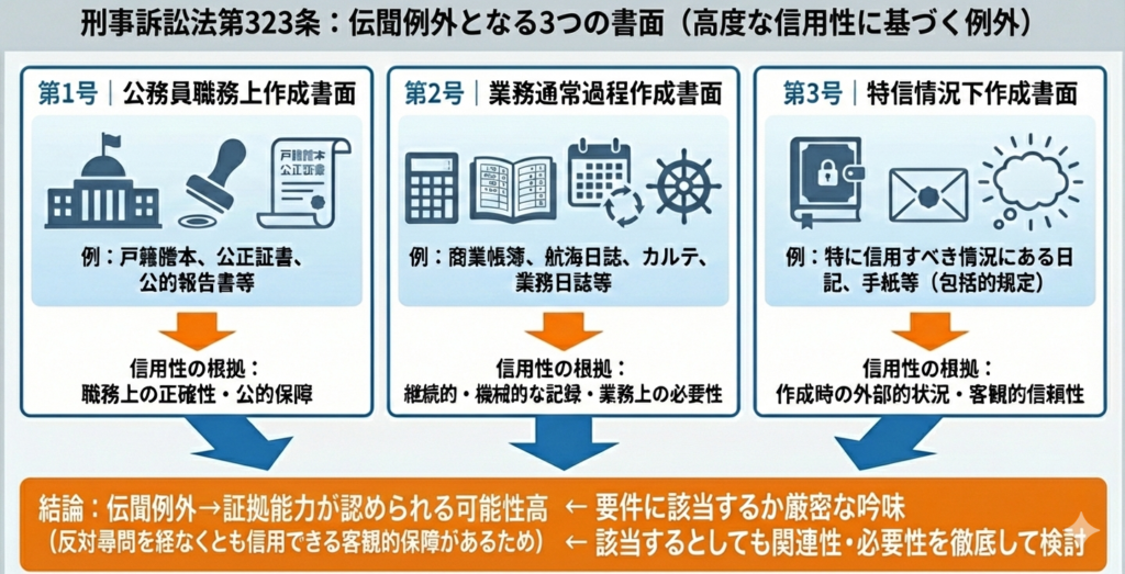 刑事訴訟法第323条の解説図。第1号(公務員作成書面)、第2号(業務通常過程作成書面)、第3号(特信情況下作成書面)の各要件と具体例、信用性の根拠をイラストで示し、これらが伝聞例外として証拠能力が認められる可能性が高いことを説明するインフォグラフィック。