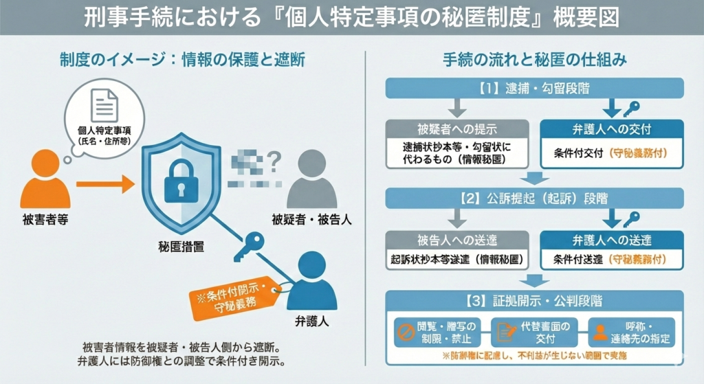 刑事手続における個人特定事項の秘匿制度の概要図。左側に情報の保護と遮断のイメージイラスト、右側に逮捕・勾留から公判までの手続の流れと秘匿の仕組みを示すフローチャートが描かれている。被害者情報は被疑者から遮断され、弁護人には条件付きで開示されること、各段階で抄本や代替書面が用いられることが示されている。