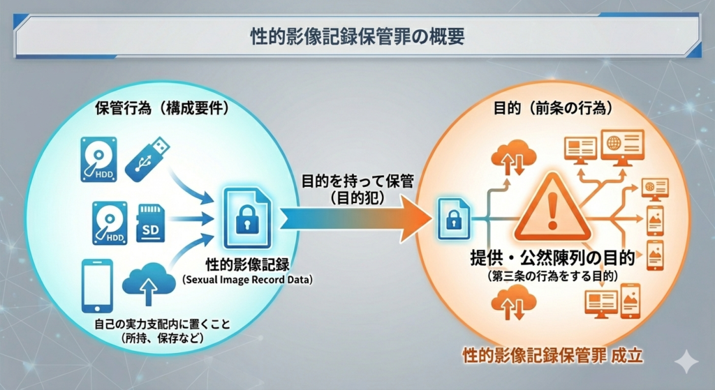 性的影像記録保管罪の概念図。提供や公然陳列の目的で性的影像記録をハードディスクやクラウド等に保管することで保管罪が成立する流れを説明したイラスト。