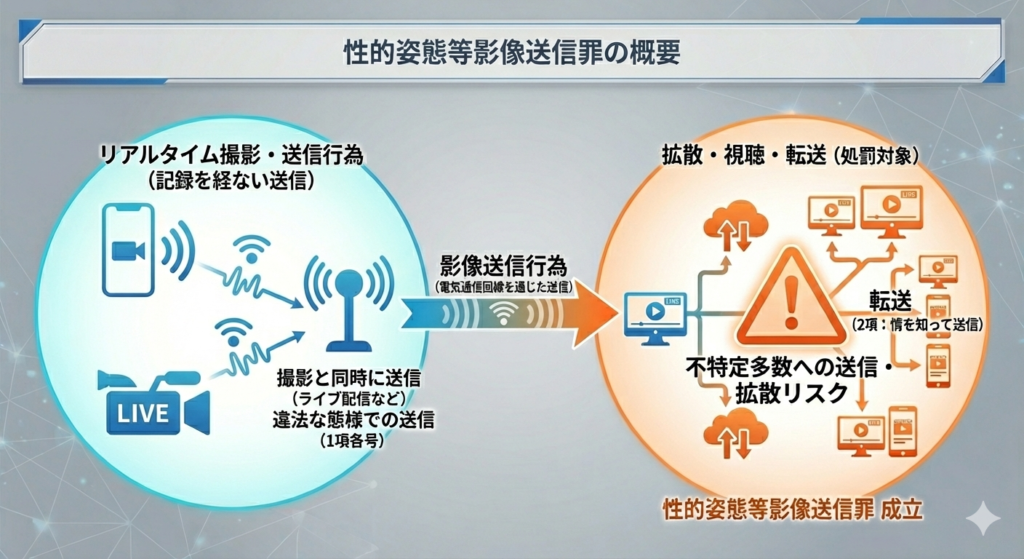 性的姿態等影像送信罪の概念図。リアルタイムでのライブ配信など、記録を経ない違法な送信行為が不特定多数への拡散につながる構造を説明したイラスト。