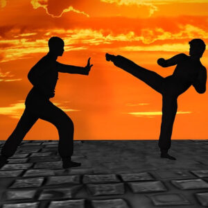 正当防衛と過剰防衛の境界を示す格闘シルエットのイメージ