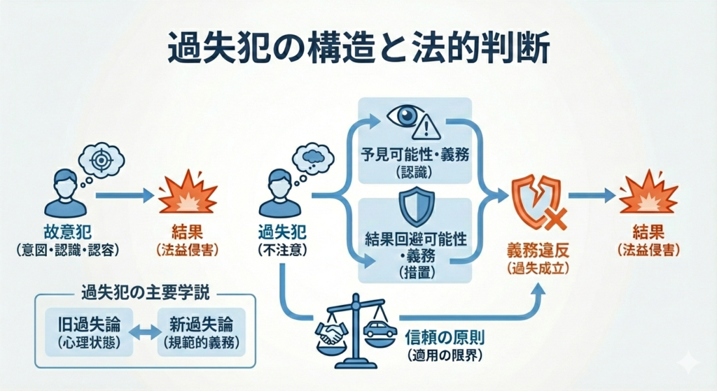 過失犯の構造と法的判断を示す概念図。予見可能性、結果回避義務、故意犯との対比、学説、信頼の原則を青とオレンジのフローチャートで表現。