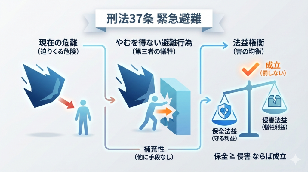 刑法37条「緊急避難」の成立要件(現在の危難・補充性・法益権衡)を示した概念図。天秤を用いて守られる利益と犠牲になる利益のバランスを図解。