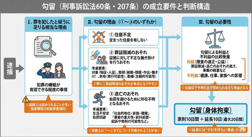 刑事訴訟法に基づく勾留の成立要件（相当な理由、勾留の理由[住居不定・罪証隠滅・逃亡のおそれ]、勾留の必要性）と、それらが満たされた場合の身体拘束期間（原則10日、最大20日、延長要件含む）までの流れを示す概念図。実務上のポイントや争点、特に逃亡のおそれの2類型と勾留の必要性における考慮要素も視覚的に解説している。