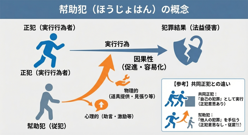 幇助犯（ほうじょはん）の概念と仕組みを示す図解イラスト。正犯（実行行為者）の実行行為に対し、幇助犯（従犯）が物理的（道具提供・見張り等）または心理的（助言・激励等）な幇助行為を行うことで、その実行を促進・容易化し、犯罪結果（法益侵害）に至る因果関係の流れを矢印で示している。また、右下の枠内で「共同正犯との違い」として、共同正犯は「自己の犯罪」として実行（正犯意思あり）、幇助犯は「他人の犯罪」を手伝う（正犯意思なし・従属性）という比較も図示されている。