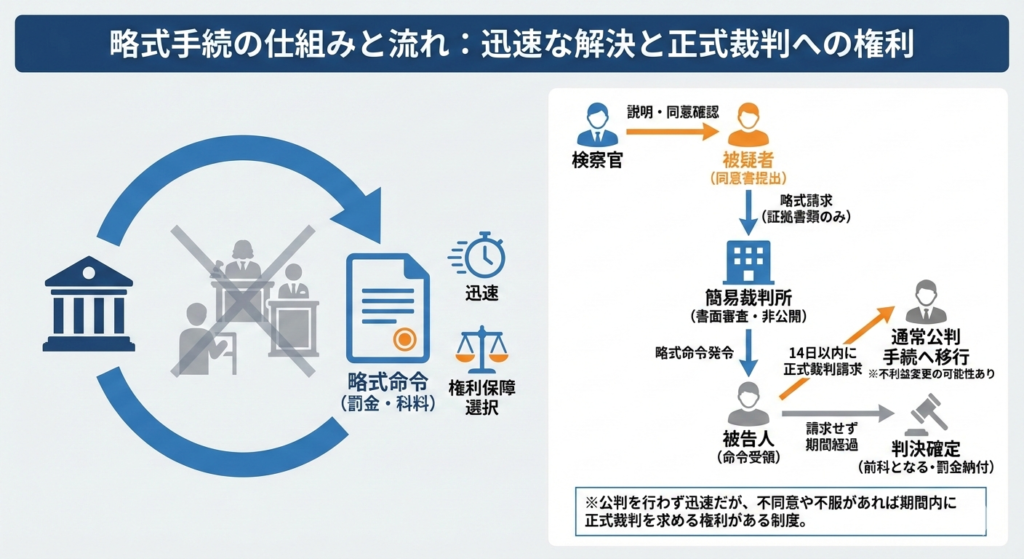 略式手続の仕組みと流れを示す図解。公判を省略し書面審査で迅速に罰金・科料が決まる一方、被告人は14日以内に正式裁判を請求する権利を持つことをイラストとフローチャートで説明している。