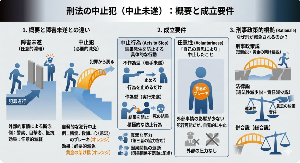 刑法の中止犯と障害未遂の違いを説明する概念図。犯罪実行の着手から、外部的事情による遮断（障害未遂）と自己の意思による中止（中止犯）のプロセス、および刑の任意的減軽と必要的減免の効果の違いを示す。游ゴシック体で解説文付き。