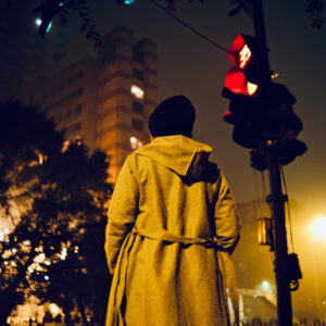 赤信号の下で立ち止まって信号待ちをする人物の後ろ姿