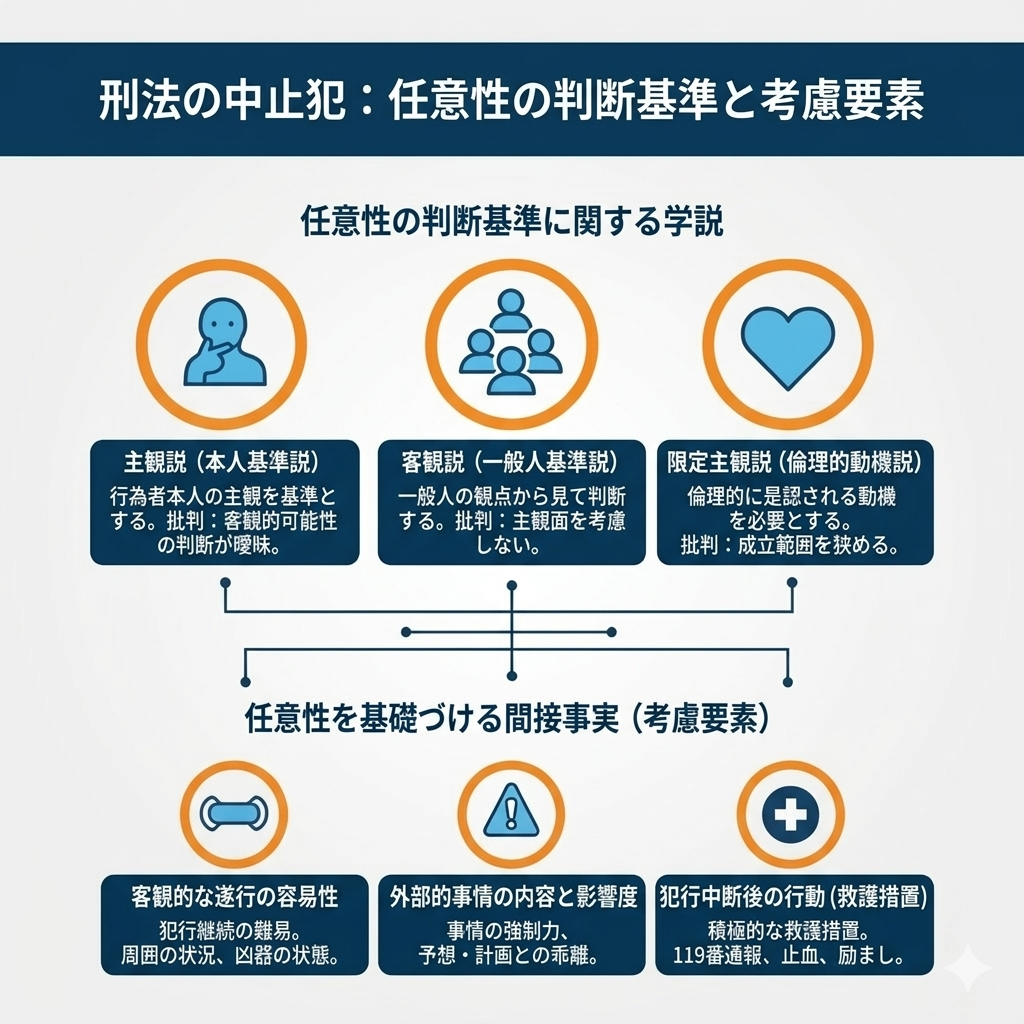 中止犯における「任意性」の学説（主観説・客観説・限定主観説）と、実務上重視される客観的な間接事実（犯行継続の難易、外部的事情の強制力、救護措置などの犯行中断後の行動）をまとめた日本語の概念図。