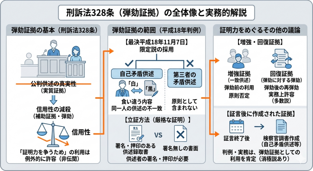 刑事訴訟法328条の弾劾証拠（自己矛盾供述）の概念を表す、天秤と書類の抽象的なイラスト