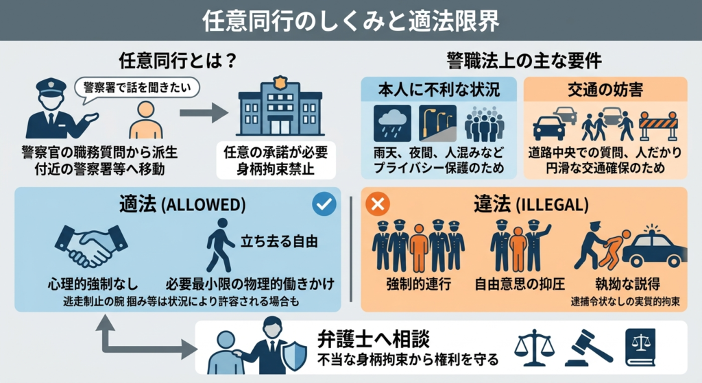 任意同行のしくみと適法限界を解説するインフォグラフィック。任意同行の定義、警職法上の要件（本人に不利、交通妨害）、適法と違法の境界線、弁護士への相談について、アイコンとテキストで視覚的にまとめています。