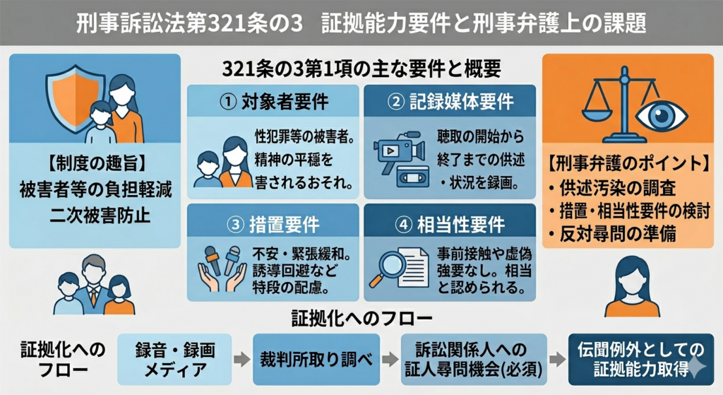 刑事訴訟法321条の3における司法面接的録画の要件（対象者、記録媒体、措置、相当性）と刑事弁護上の課題を示す図解
