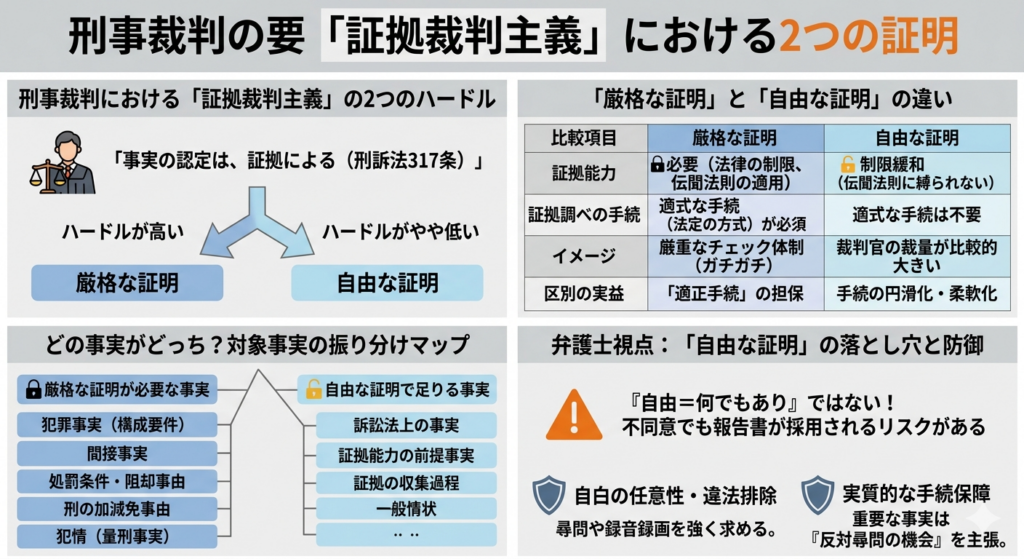 刑事裁判における厳格な証明と自由な証明の違いを解説した図解。証拠裁判主義の全体像、比較表、対象事実の分類、弁護士の防御対策を4つのブロックで示している。