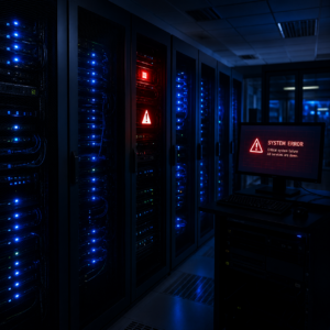 システムエラーが表示されたサーバールームのイメージ（電子計算機損壊等業務妨害罪）