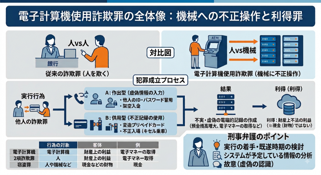 電子計算機使用詐欺罪の全体像を解説する概念説明図。従来の詐欺罪（人を騙す）と本罪（機械に不正入力）の対比、犯罪成立プロセス（作出型・供用型）、詐欺罪・窃盗罪との境界線、刑事弁護の争点（実行の着手、故意）を一枚にまとめている。アイコニックなフラットベクトルスタイル。
