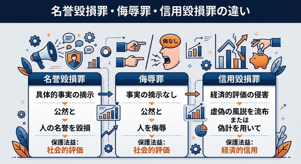 名誉毀損罪（具体的事実の摘示あり）、侮辱罪（事実の摘示なし）、信用毀損罪（経済的評価の侵害）の識別基準を示す図解。