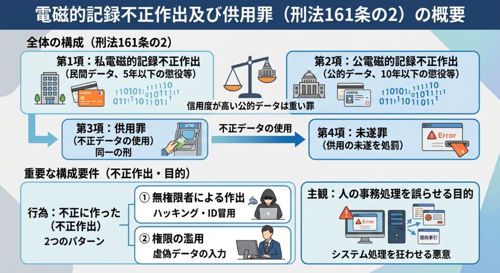 刑法161条の2（電磁的記録不正作出及び供用罪）の構成要件を解説した図解イラスト。全体の構成（私・公・供用・未遂）、不正作出の2つのパターン（無権限・権限濫用）、人の事務処理を誤らせる目的について視覚的に説明している。