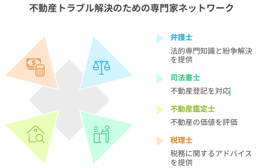 不動産トラブル解決のための専門家ネットワークを用いてワンストップで解決します。
弁護士は法的専門知識と紛争解決を提供します。
司法書士は不動産登記を対応します。
不動産鑑定士は不動産の価値を適切に評価します。
税理士は税務に関するアドバイスを提供します。