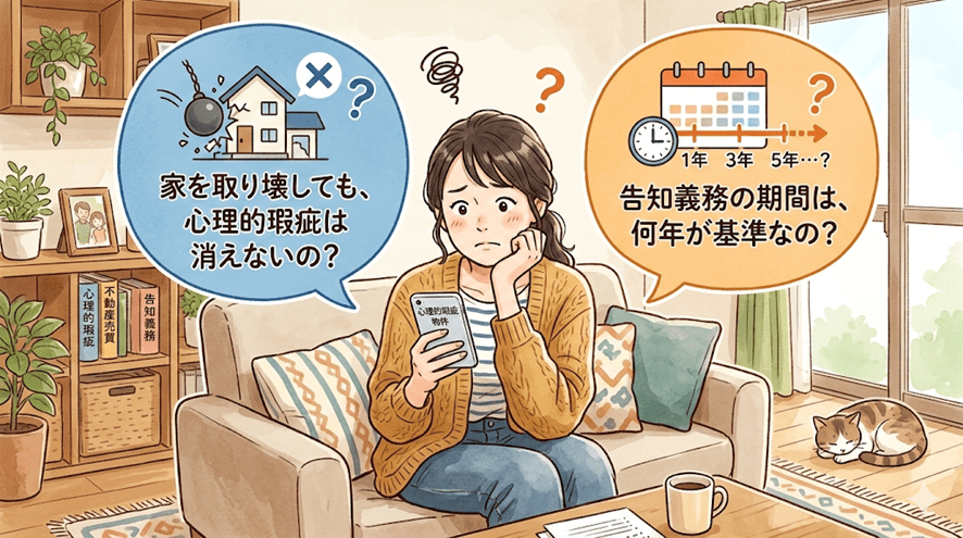 家を取壊しても、心理的瑕疵は消えないの?告知義務の期間は何が基準なの?と不思議に思う女性の絵。
