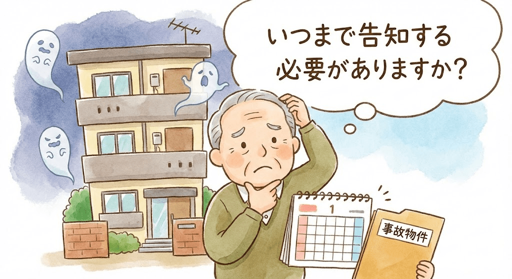 不動産オーナーが、心理的瑕疵の物件について、いつまで告知期間があるのか悩んでいる、親しみやすいイラスト