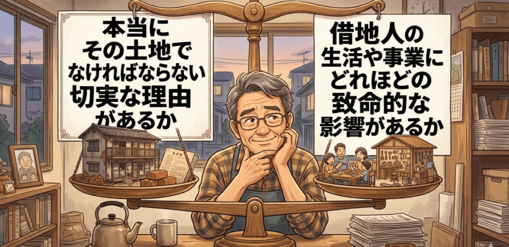 裁判所は、「本当にその土地でなければならない切実な理由があるか」、「借地人の生活や事業にどれほどの致命的な影響があるか」という実態を極めて厳格に比較衡量しています。