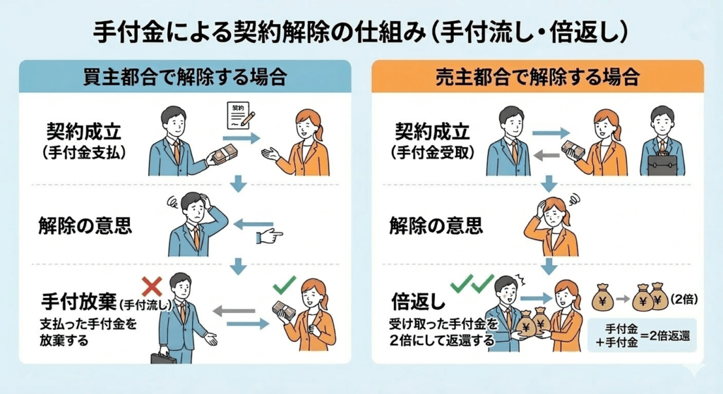手付金による契約解除の仕組（手付放棄（手付流し）・倍返し）のイラスト説明図。